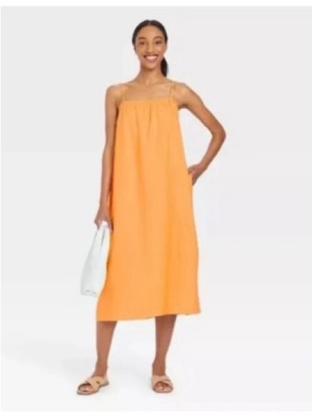 A new day yellow summer linen cami strap tank midi dress beachy vacation size S